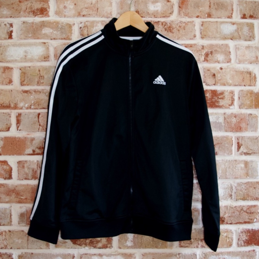 Adidas boy's zip up jacket with logo on back and three striped sleeves, youth XL